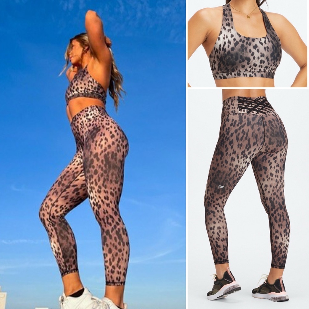 NEW Fabletics Leopard Spotted Medium Impact Bra med & Leggings small Outfit Set